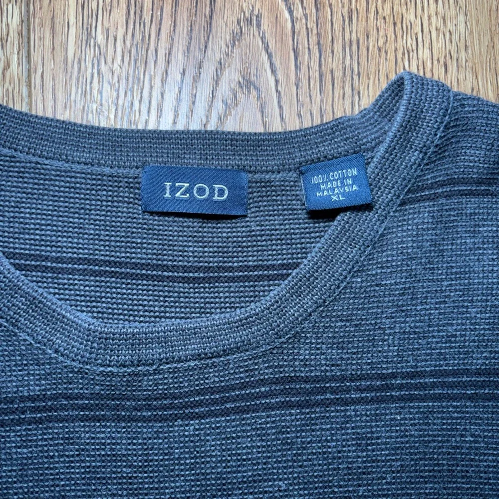 IZOD Charcoal Gray Black Striped 100% Cotton Knit Crewneck Sweater Mens XL
